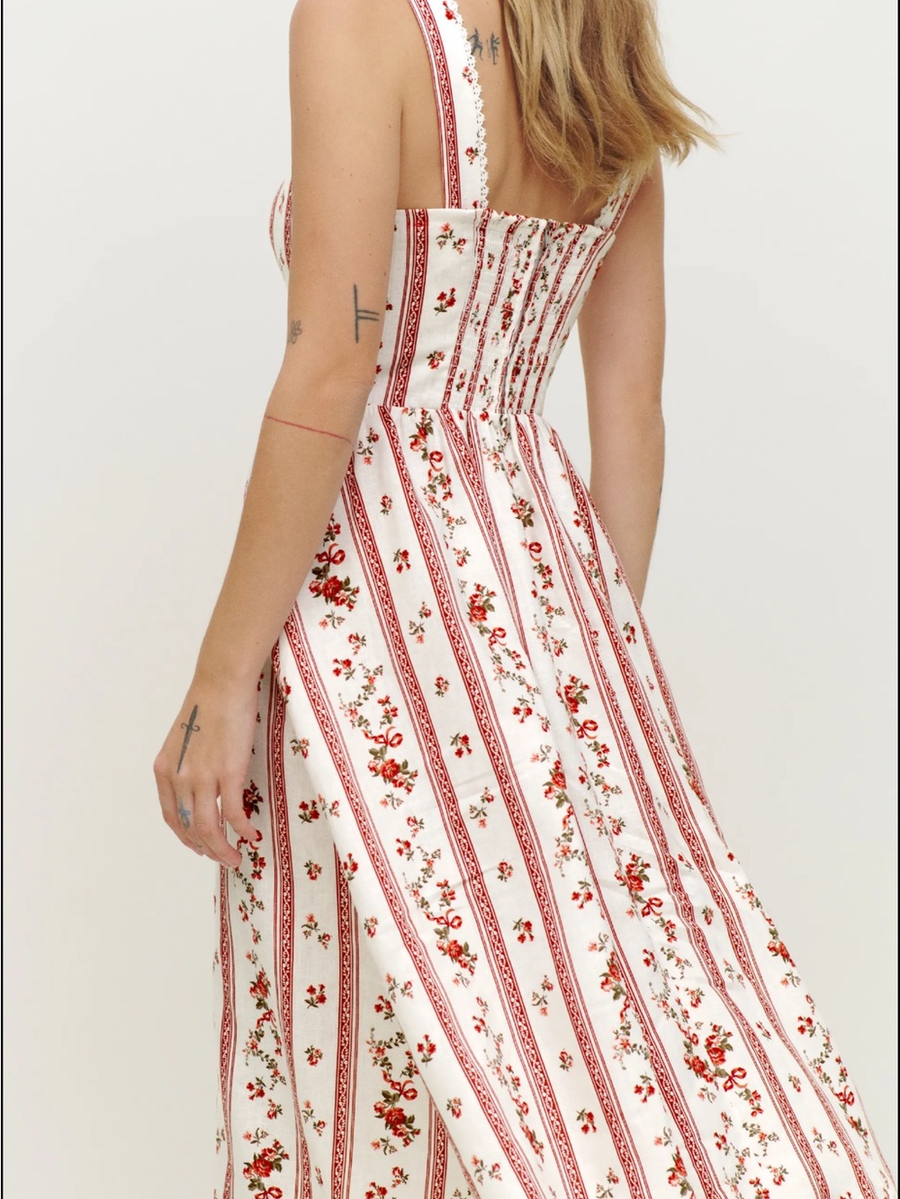 Reformation White and Red Floral Stripe Linen Midi Dress - Picture 6 of 7